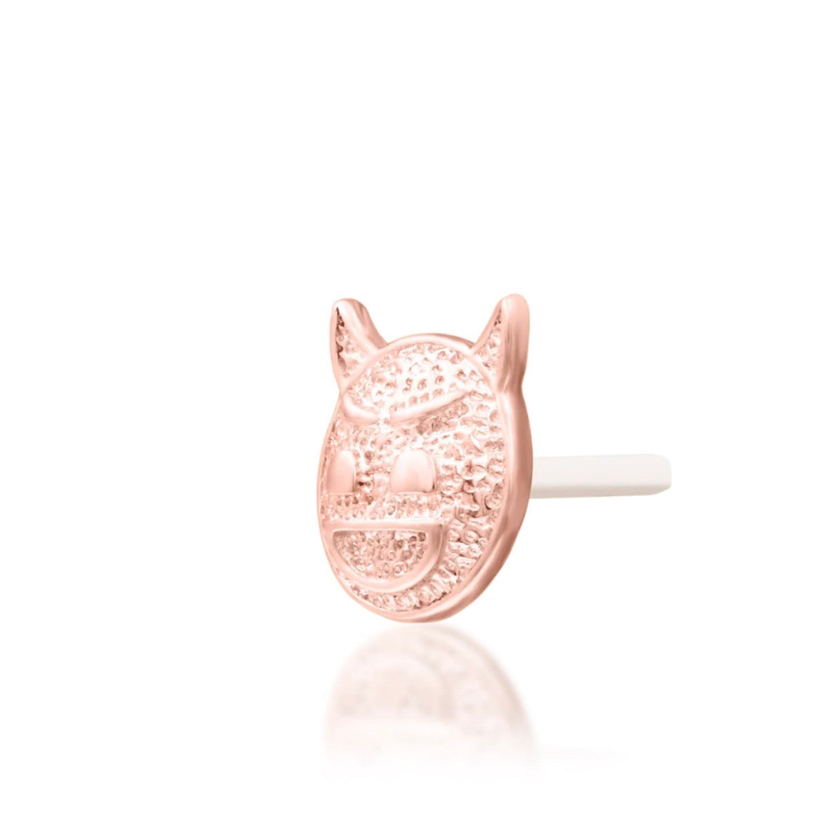 Junipurr Devilish Charm solid 14k rose gold devil emoji threadless end, angled view.