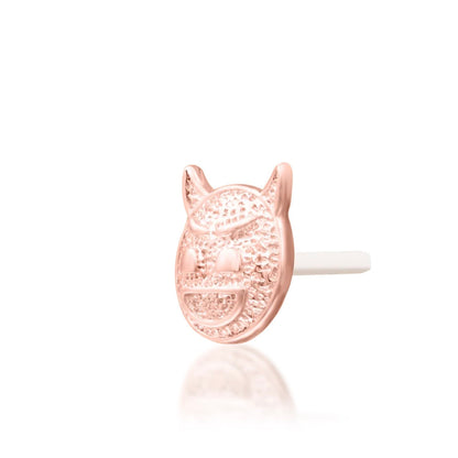 Junipurr Devilish Charm solid 14k rose gold devil emoji threadless end, angled view.