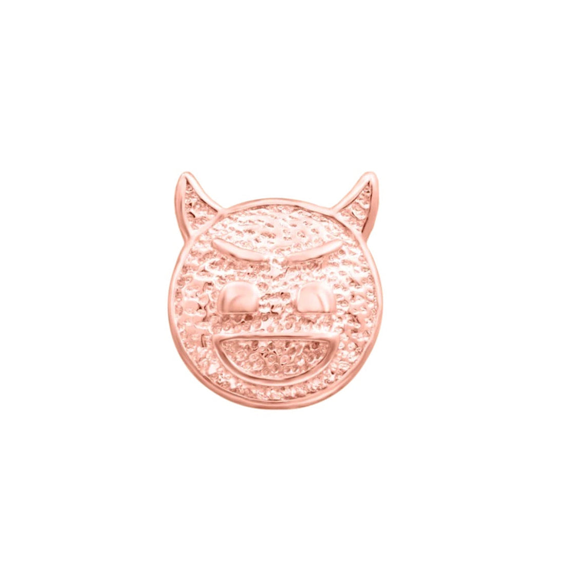 Junipurr Devilish Charm solid 14k rose gold devil emoji threadless end, front view.