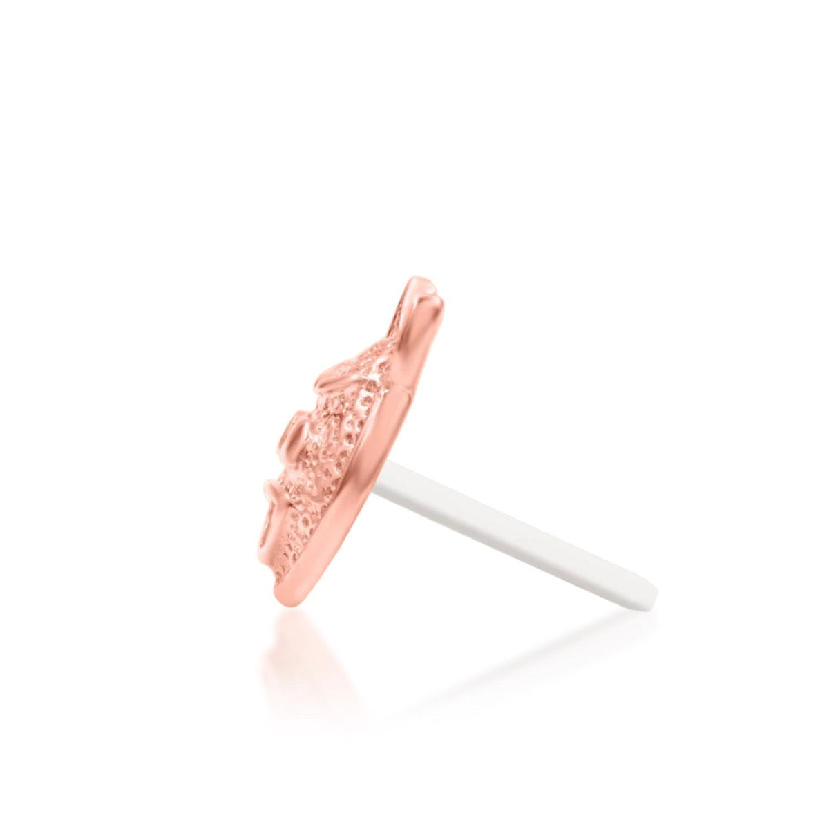 Junipurr Devilish Charm solid 14k rose gold devil emoji threadless end, side profile.
