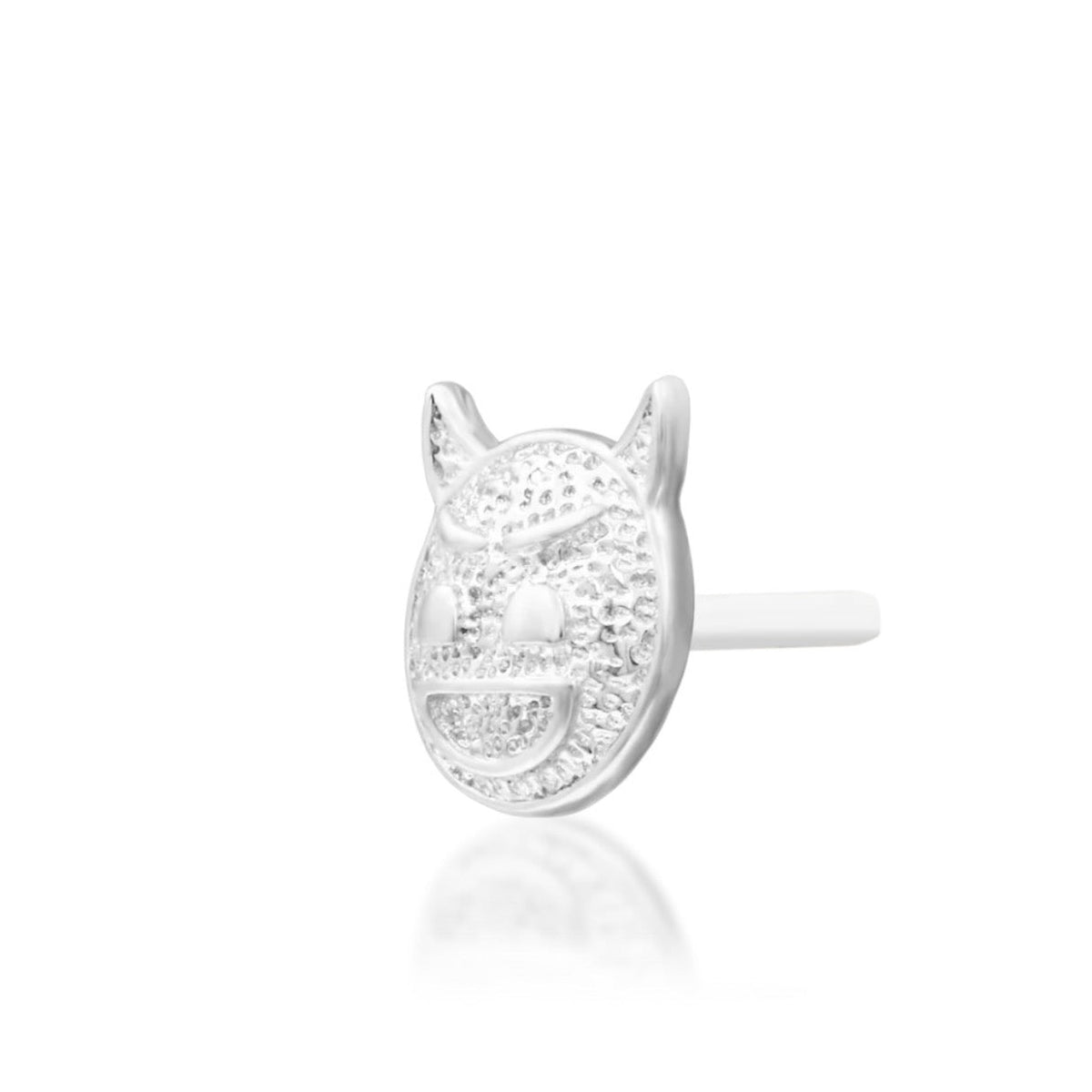Junipurr Devilish Charm solid 14k white gold devil emoji threadless end, angled view.