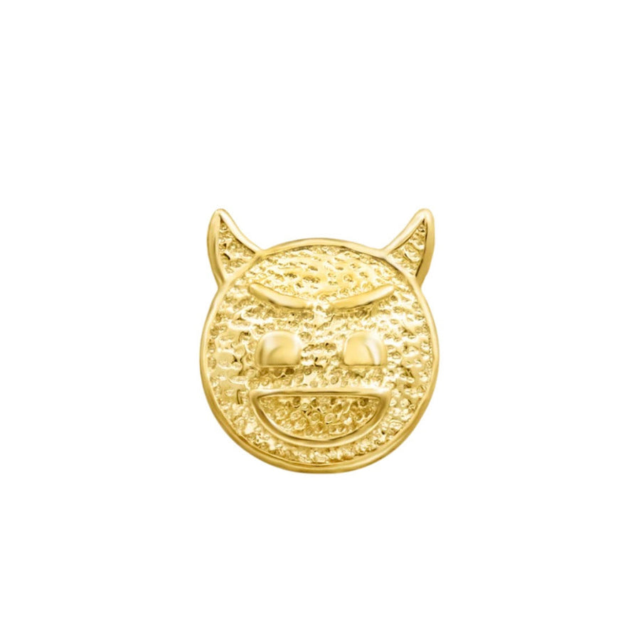 Junipurr Devilish Charm solid 14k yellow gold devil emoji threadless end, front view.