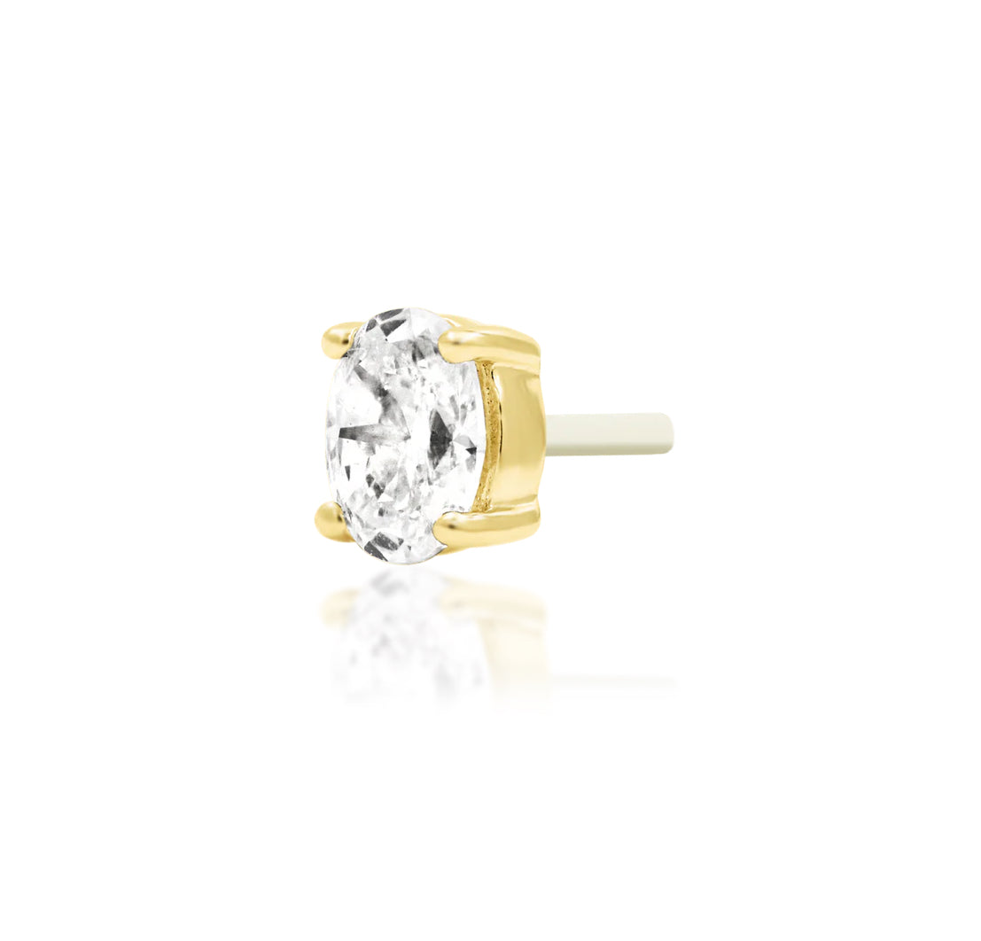 Junipurr Diamond Oval solid 14k yellow gold threadless end with a lab-grown oval diamond, angled view.