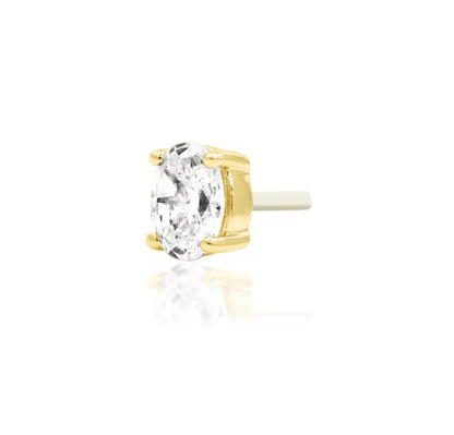 Junipurr Diamond Oval solid 14k yellow gold threadless end with a lab-grown oval diamond, angled view.