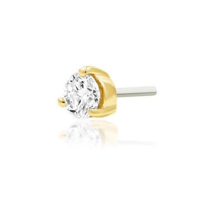 Junipurr Diamond Prong solid 14k yellow gold lab-grown diamond threadless end, angled view.