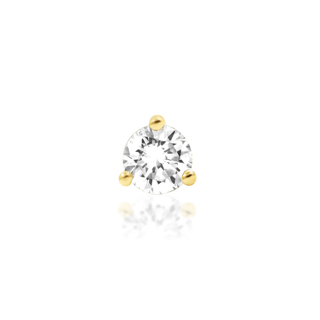 Junipurr Diamond Prong solid 14k yellow gold threadless end with a round lab-grown diamond, front view.