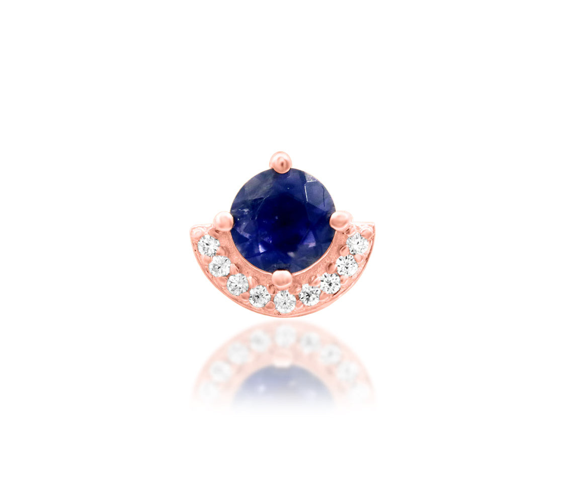Junipurr Diana solid 14k rose gold Iolite and White CZ half-halo threadless end, front view.