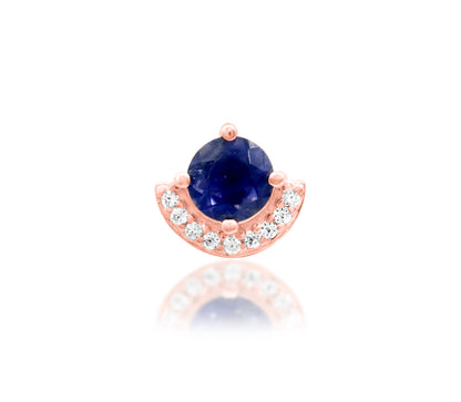 Junipurr Diana solid 14k rose gold Iolite and White CZ half-halo threadless end, front view.