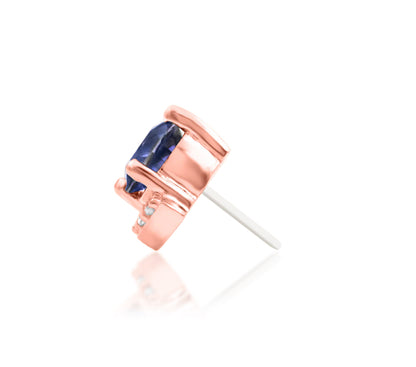 Junipurr Diana solid 14k rose gold Iolite and White CZ half-halo threadless end, side profile.