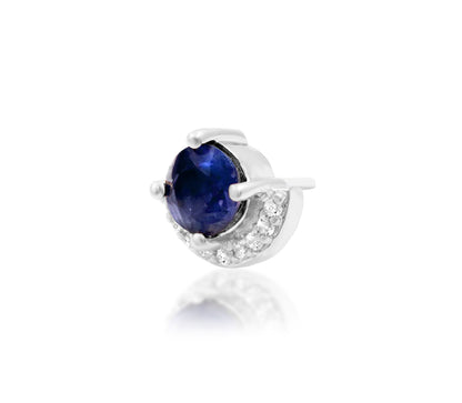 Junipurr Diana solid 14k white gold Iolite and White CZ half-halo threadless end, angled view.