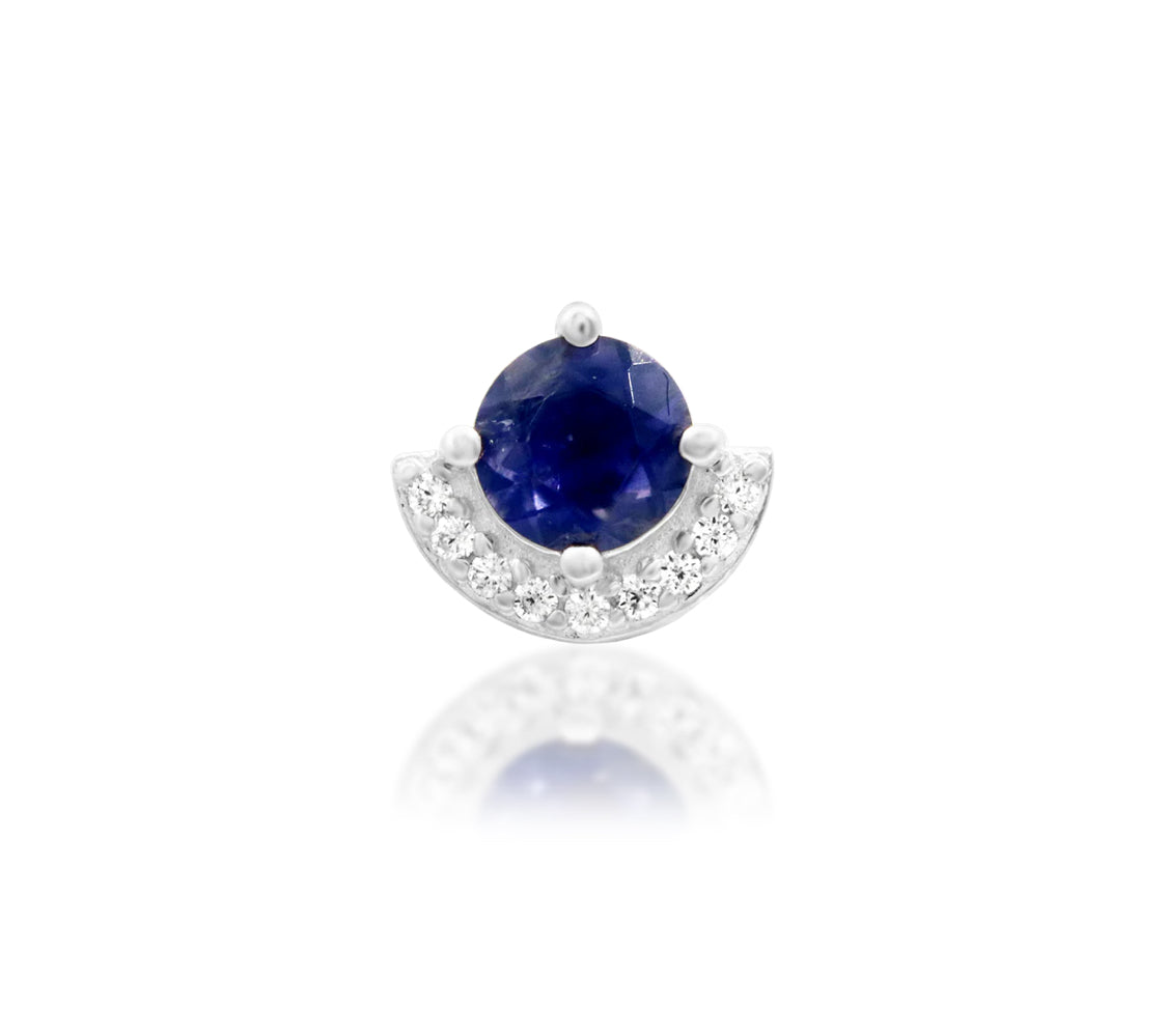Junipurr Diana solid 14k white gold Iolite and White CZ half-halo threadless end, front view.