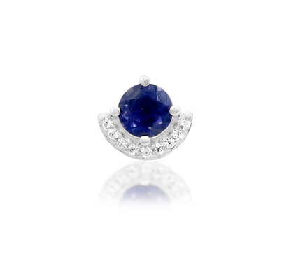 Junipurr Diana solid 14k white gold Iolite and White CZ half-halo threadless end, front view.