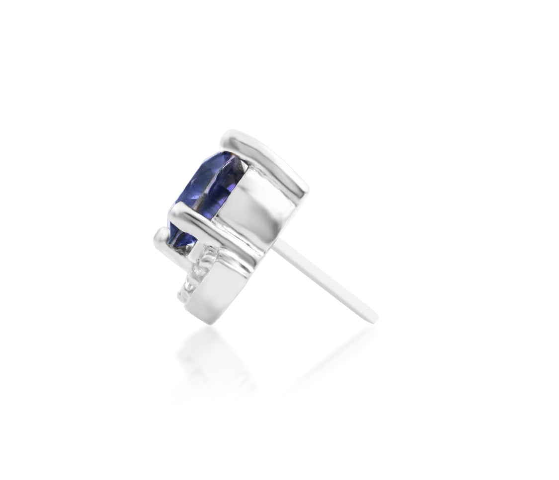 Junipurr Diana solid 14k white gold Iolite and White CZ half-halo threadless end, side profile.