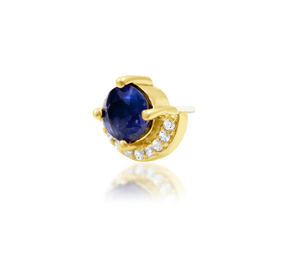 Junipurr Diana solid 14k yellow gold Iolite and White CZ half-halo threadless end, angled view.