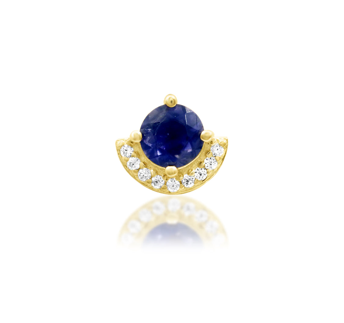 Junipurr Diana solid 14k yellow gold Iolite and White CZ half-halo threadless end, front view.