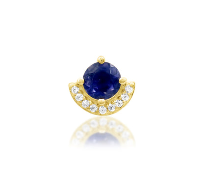 Junipurr Diana solid 14k yellow gold Iolite and White CZ half-halo threadless end, front view.