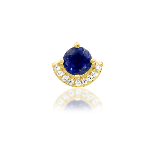 Junipurr Diana solid 14k yellow gold Iolite and White CZ half-halo threadless end, front view.