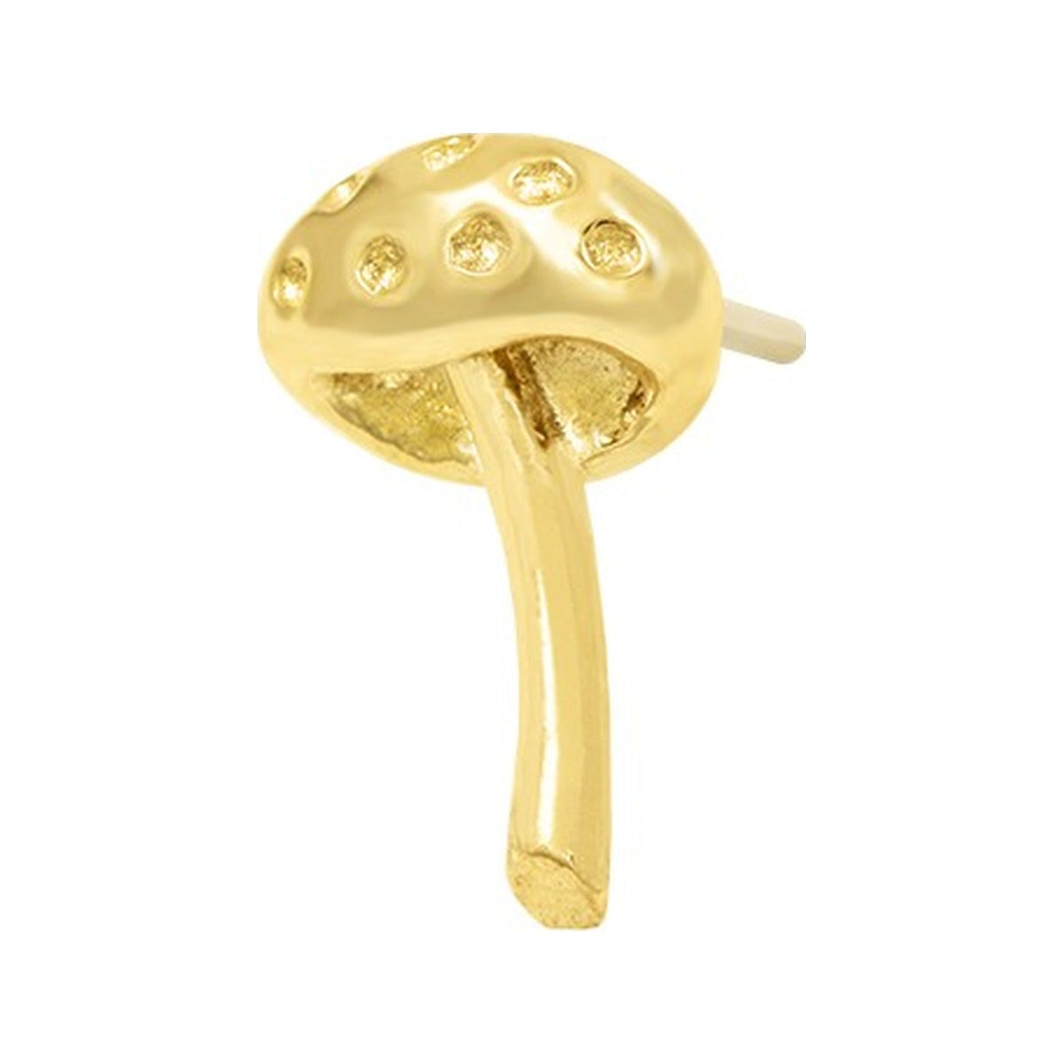 Junipurr Dotty solid 14k yellow gold mushroom threadless end, angled view.