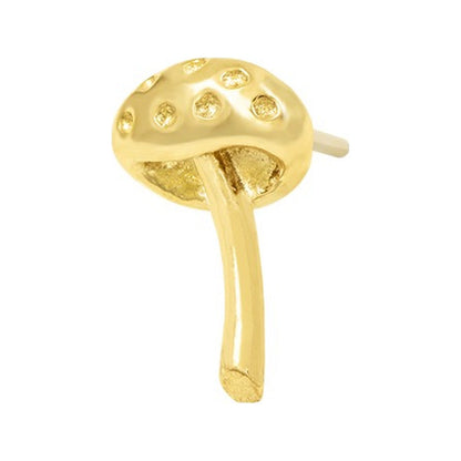 Junipurr Dotty solid 14k yellow gold mushroom threadless end, angled view.