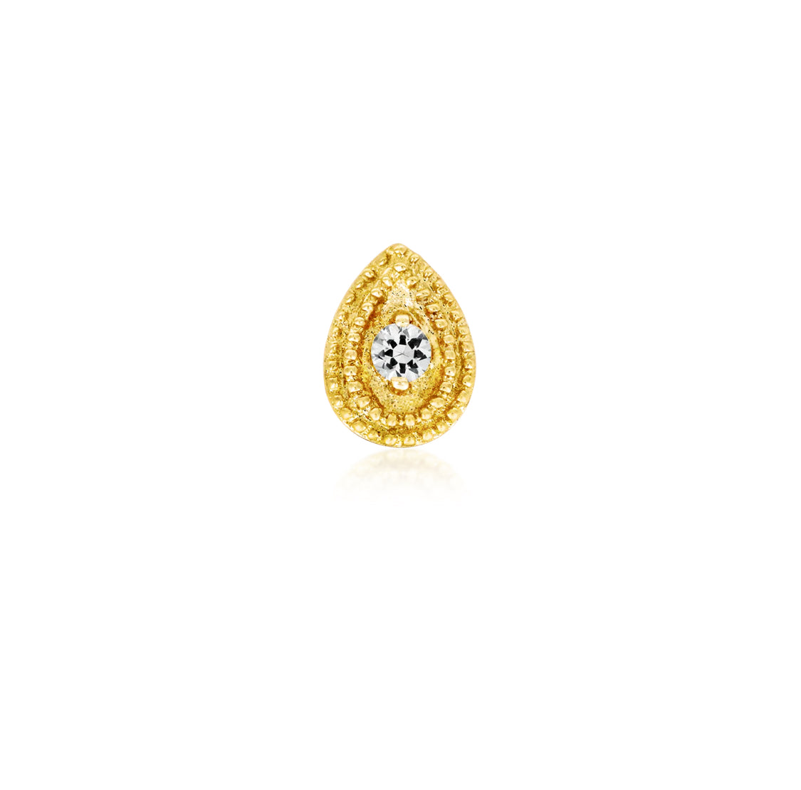 Junipurr Double Millgrain solid 14k gold pear White CZ threadless decorative end, product view.
