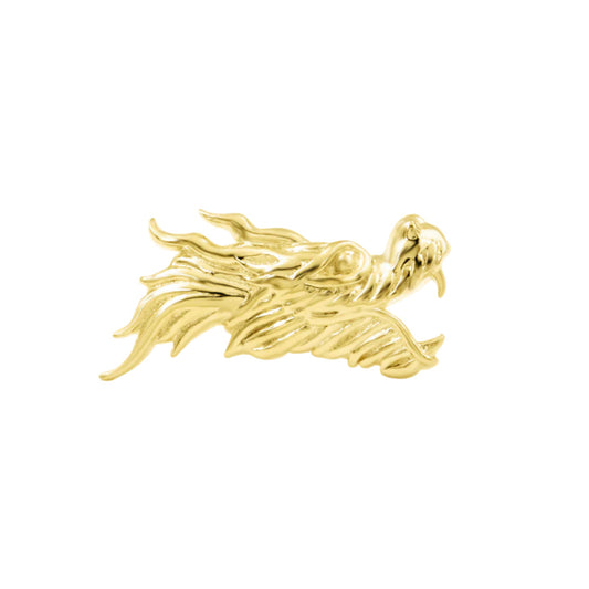 Junipurr Dragon 2024 solid 14k yellow gold threadless end with intricate sculpted dragon detailing, front view.