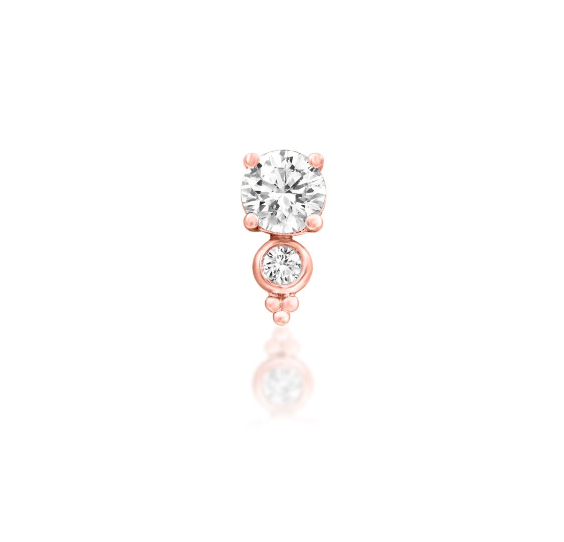 Junipurr Ecstatic solid 14k rose gold threadless end with two graduated lab-grown diamonds, front view.