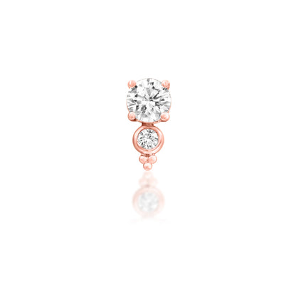 Junipurr Ecstatic solid 14k rose gold threadless end with two graduated lab-grown diamonds, front view.
