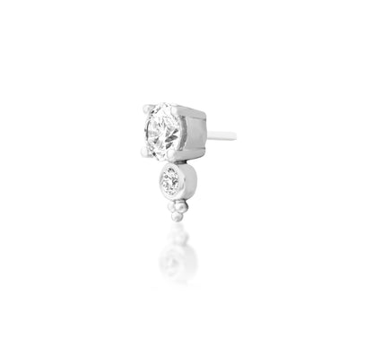 Junipurr Ecstatic solid 14k white gold threadless end with two graduated lab-grown diamonds, angled view.