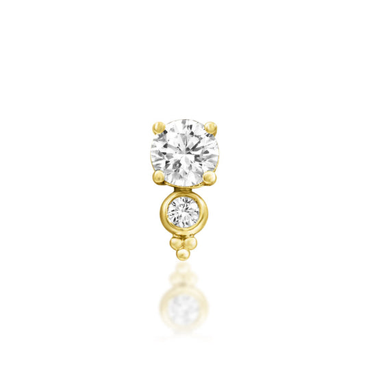 Junipurr Ecstatic solid 14k yellow gold threadless end with two graduated lab-grown diamonds, front view.