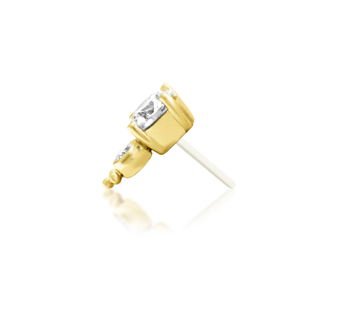 Junipurr Ecstatic solid 14k yellow gold graduated lab-diamond threadless end, side profile.