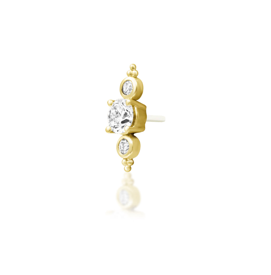Junipurr Elated solid 14k gold three-diamond threadless decorative end, product view.