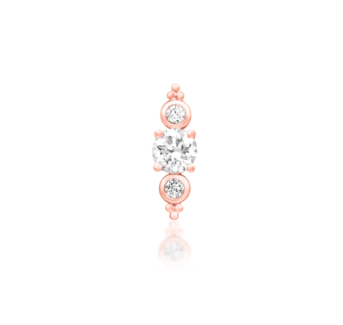 Junipurr Elated solid 14k gold three-stone lab-grown diamond threadless end, product view.