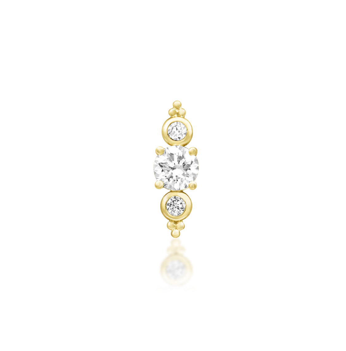 Junipurr Elated solid 14k yellow gold threadless end with three lab-grown diamonds, front view.