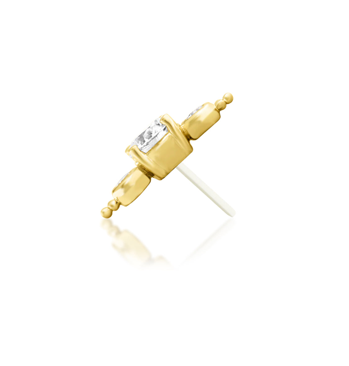 Junipurr Elated solid 14k yellow gold three-diamond threadless end, side profile.
