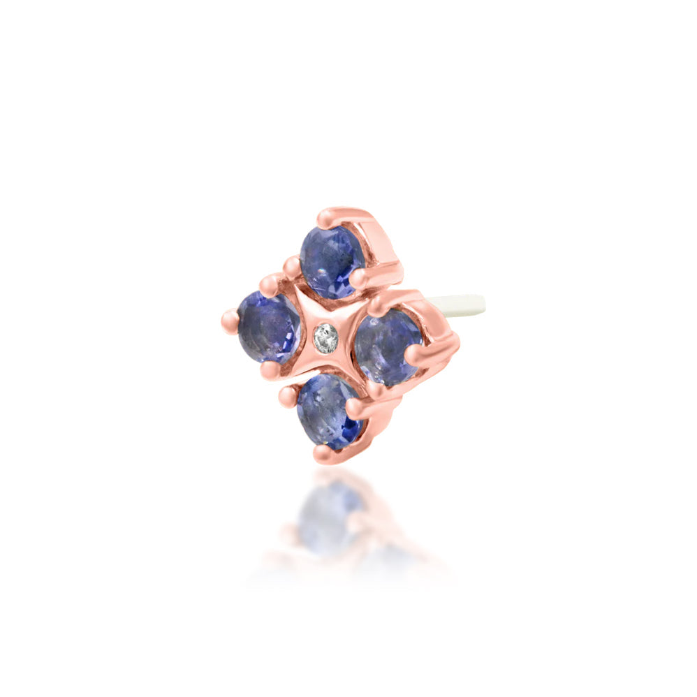 Junipurr EME solid 14k rose gold Iolite flower threadless end with White CZ centre, angled view.