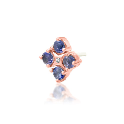 Junipurr EME solid 14k rose gold Iolite flower threadless end with White CZ centre, angled view.