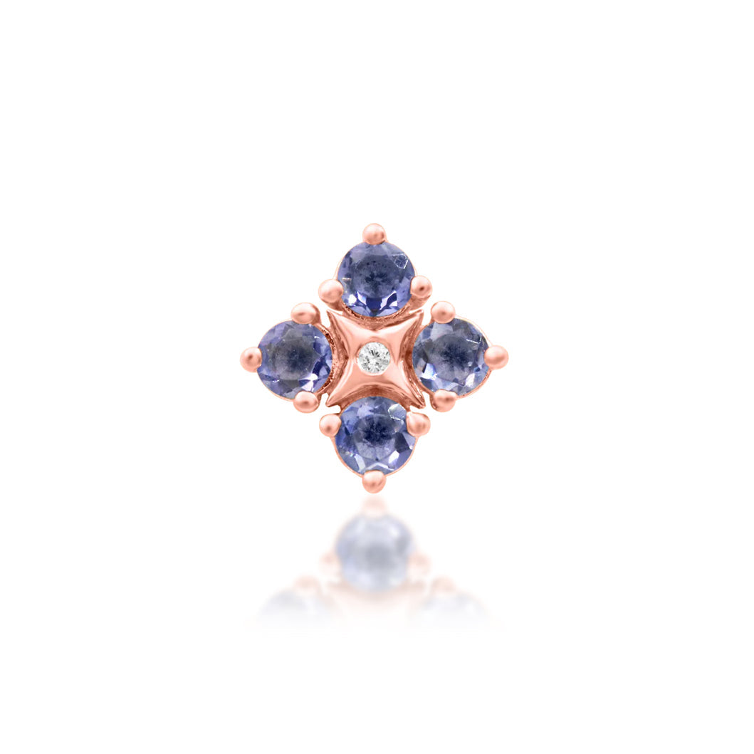 Junipurr EME solid 14k rose gold Iolite flower threadless end with White CZ centre, front view.