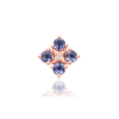 Junipurr EME solid 14k rose gold Iolite flower threadless end with White CZ centre, front view.