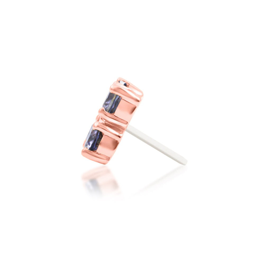 Junipurr EME solid 14k rose gold Iolite flower threadless end with White CZ centre, side profile.