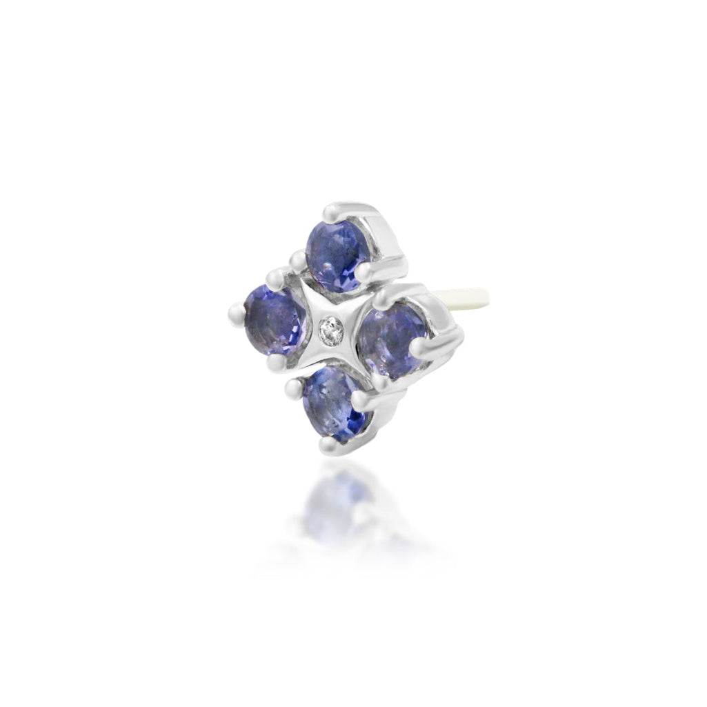 Junipurr EME solid 14k white gold Iolite flower threadless end with White CZ centre, angled view.