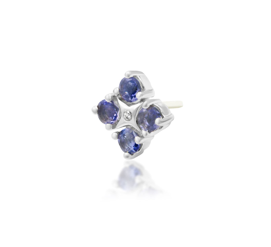 Junipurr EME solid 14k white gold Iolite flower threadless end with White CZ centre, alternate front view.