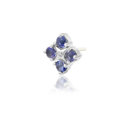 Junipurr EME solid 14k white gold Iolite flower threadless end with White CZ centre, alternate front view.