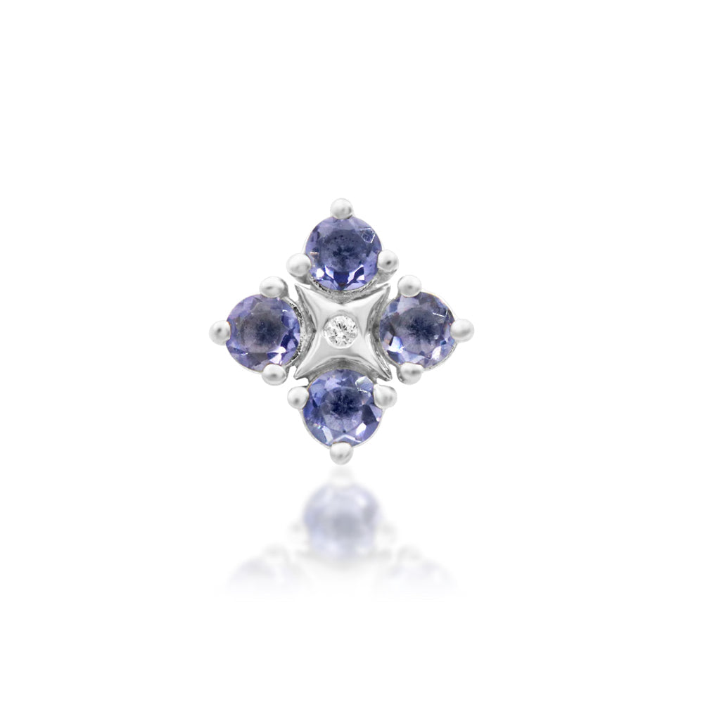 Junipurr EME solid 14k white gold Iolite flower threadless end with White CZ centre, front view.