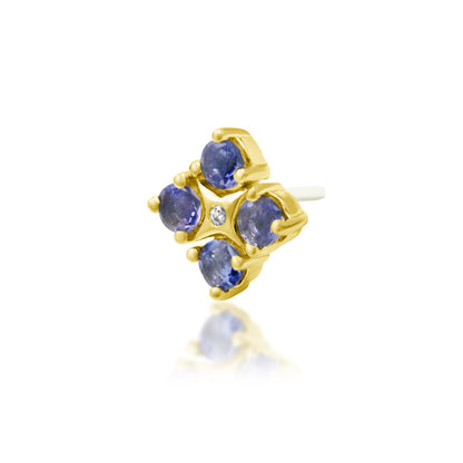 Junipurr EME solid 14k yellow gold Iolite flower threadless end with White CZ centre, angled view.