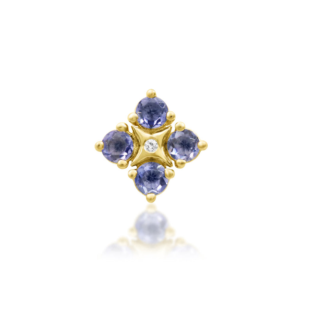 Junipurr EME solid 14k yellow gold Iolite flower threadless end with White CZ centre, front view.