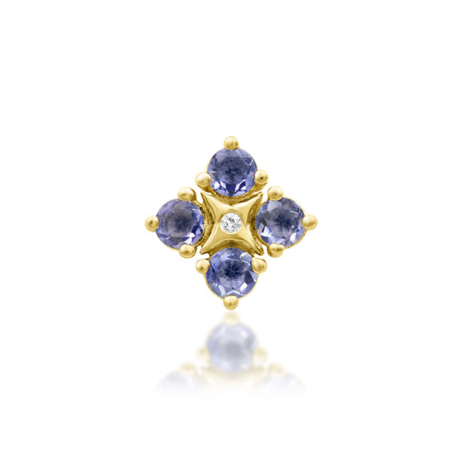 Junipurr EME solid 14k yellow gold Iolite flower threadless end with White CZ centre, front view.
