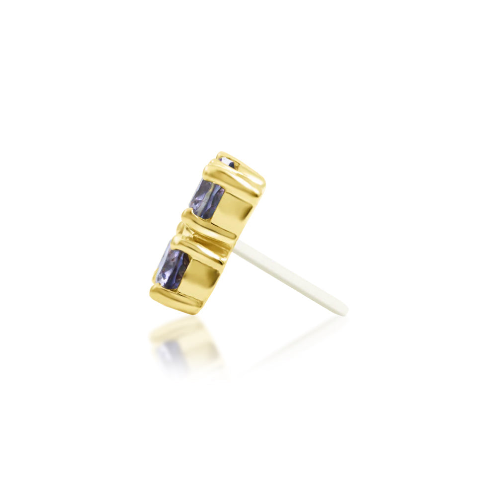 Junipurr EME solid 14k yellow gold Iolite flower threadless end with White CZ centre, side profile.