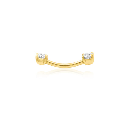 Junipurr Empress solid 14k gold curved barbell worn in a rook piercing, showing both forward-facing White CZ stones.
