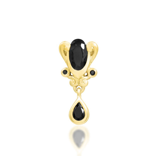 Junipurr Empusa solid 14k yellow gold Black CZ dangle threadless end, front view.