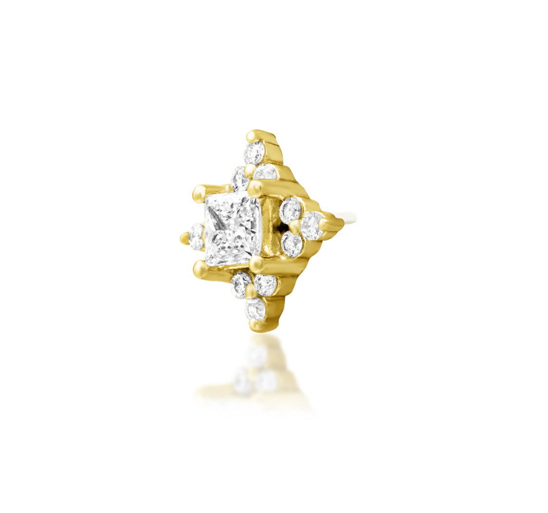 Junipurr Enchant solid 14k gold threadless decorative end with a princess-cut lab-grown diamond centre and surrounding diamond accents, product view.